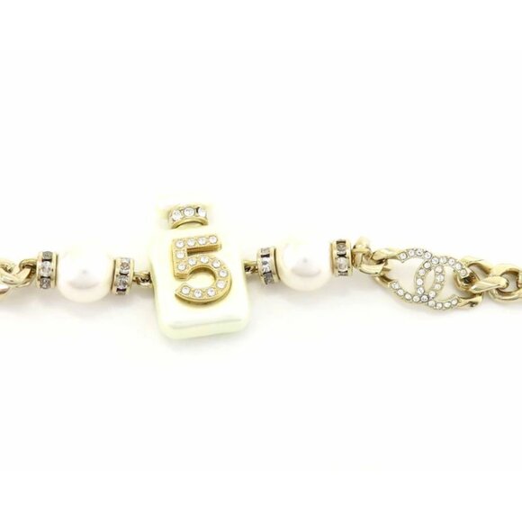 CHANEL CC Logos Rhinestone Pearl No.5 Bracelet 7.5" Gold Tone A22S Auth - Picture 7 of 10